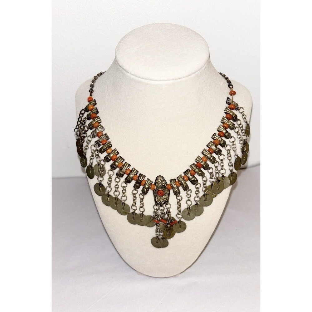 Antique Turkish Ottoman Style Silver Tone and Coral Necklace and Earrings